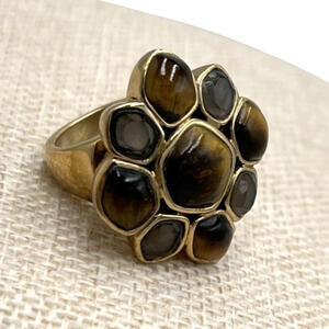 Barse Tiger's Eye Moonstone Bezel Set Ring Chunky Yellow Gold Plated Size 6.75